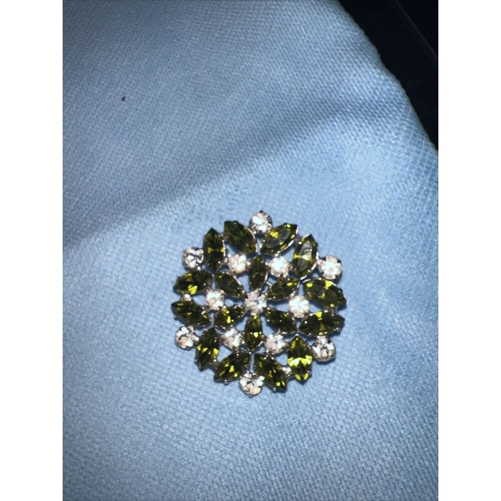 Vintage B DAVID Brooch Olive Green Rhinestones‎ Pin Beautiful 1 1/2" Wide Signed
